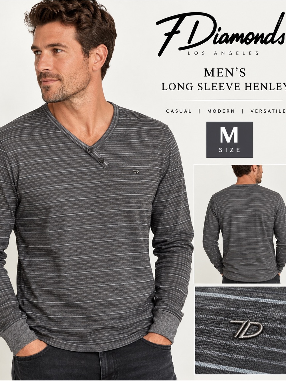 7 Diamonds Men’s Striped Henley Long Sleeve Shirt Gray Medium